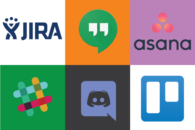Logos for: JIRA, Google Hangouts, Slack, Discord, Trello, Asana
