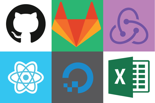 Logos for: Github, Gitlab, redux, reactjs, digital ocean, excel
